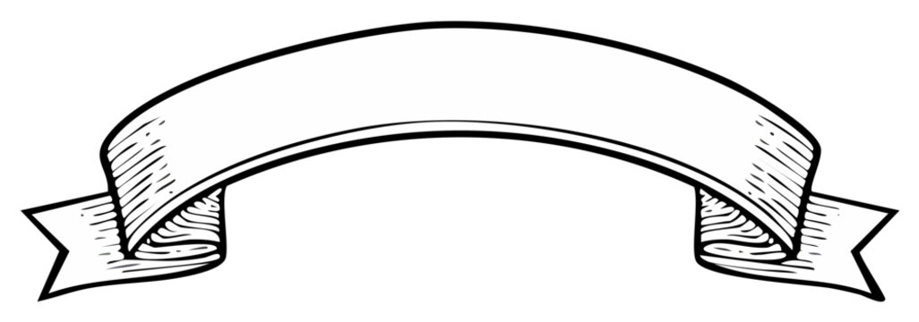 Hand drawn arched ribbon banner scroll with blank space for text in a vintage engraving style.