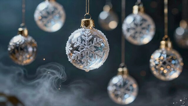Cinematic Christmas Baubles with Snowflake Patterns and Smoke