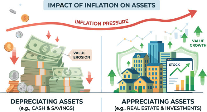 Impact of inflation on assets infographic comparing depreciating cash value erosion versus appreciating real estate and investment growth.