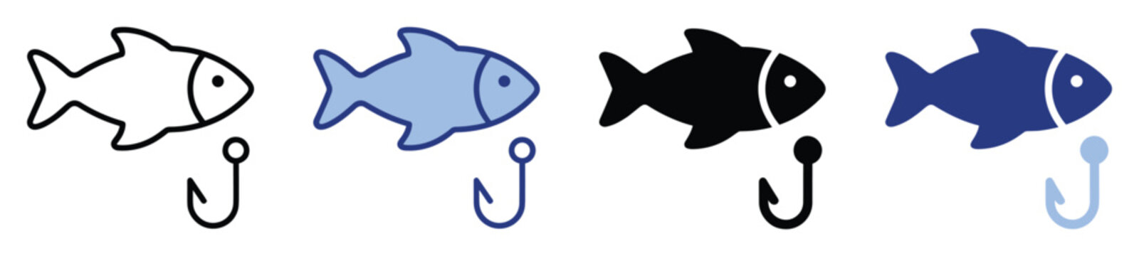 Simple fish and fishing hook icon set in various styles for marine and fishing related applications