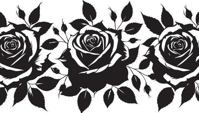 Black and white floral border design with roses and leaves, elegant pattern for decoration and graphic design elements