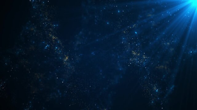 Blue cosmic particle light background dark space depth, glowing dust clouds, star specks, bright spotlight rays. science , galaxy intros, fantasy scenes, space titles, cinematic overlays, motion
