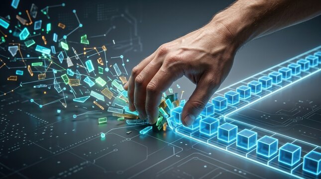 Hand touching blue and green circuit in data pipeline standardization metaphor concept for modern technology