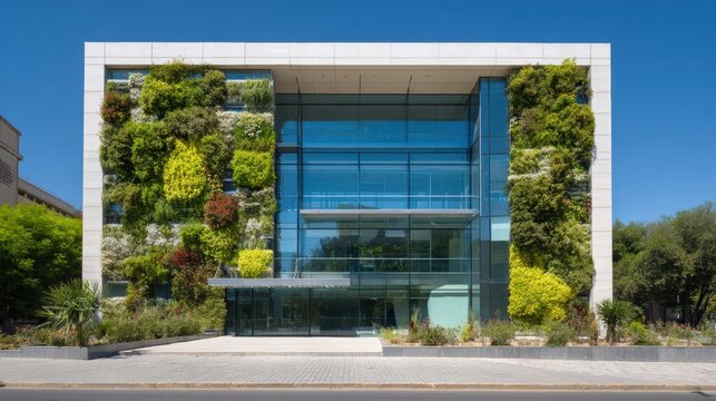 Eco-friendly building in the modern city. Sustainable glass office building with tree for reducing heat and carbon dioxide. Office building with green environment. Corporate building reduce CO2.