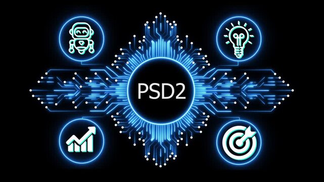 psd2 logo on glowing circuit board network, connected business icons for finance, analytics, partnership, growth and innovation on black background
