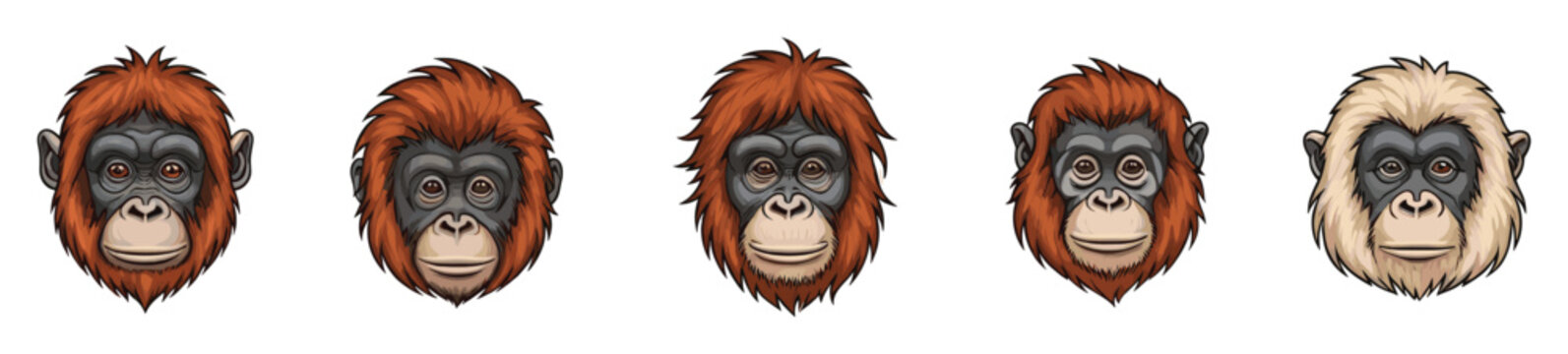 Varied orangutan faces and expressions for wildlife education and nature content