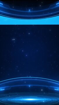Blue sci fi screen frame cyan curved border, bright podium glow, star particles, clean space. technology presentations, software demos, live stream graphics, futuristic intros, event visuals,