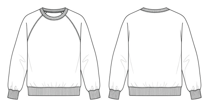 Technical flat sketch of a classic crewneck sweatshirt with raglan sleeves and rib trim for apparel design