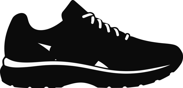 Detailed line art drawing of a modern athletic running shoe designed for comfort and performance in a minimalist black style