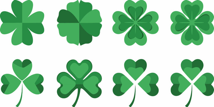 Collection of green clover illustrations with three four and five leaves on a white background