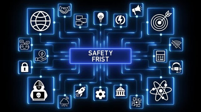 Safety First Concept Digital Network Dashboard with Futuristic Neon Blue Tech Icons and Corporate Protection Interface.4k Animation.