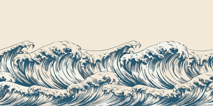 Continuous hand drawn wave pattern with stylized crests on a neutral background high quality professional