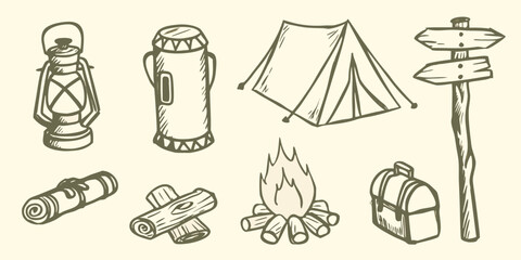 sketch of camping equipment including lantern tent campfire and signpost on a beige background © PabanBiswas