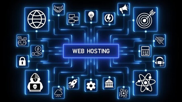 Internet, business, Technology and network concept. Web Hosting. The activity of providing storage space and access for websites.4K black background visuals.4k Animation.