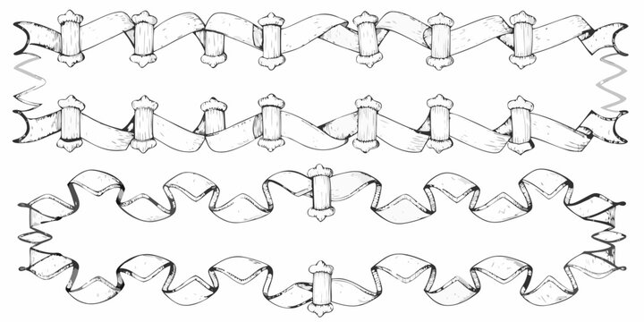 Intricate swirling scrollwork banner set black and white sketch illustration on white background high quality