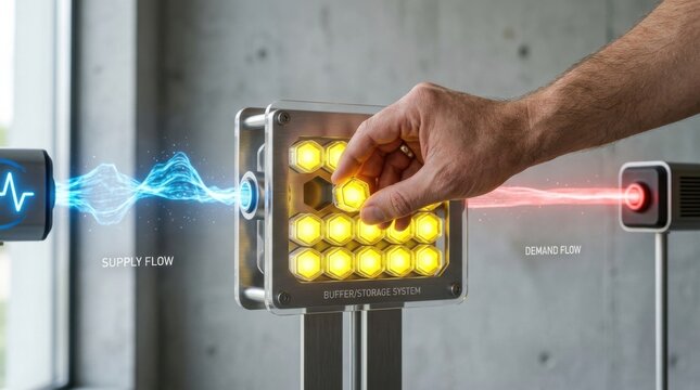 Person touching a light source representing battery buffering system metaphor for energy management