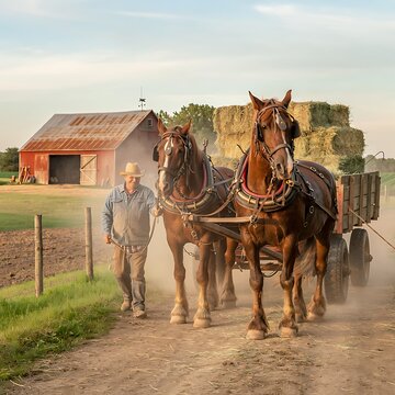 Amish Farmer Leading Two Draft Horses Pulling a Hay Wagon on a Dusty Farm Road.