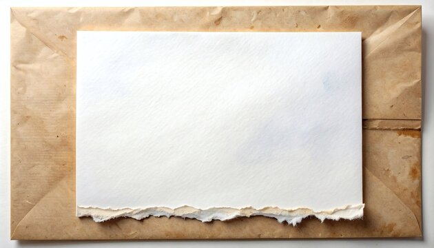 Blank white watercolor paper with torn edge on rustic brown envelope