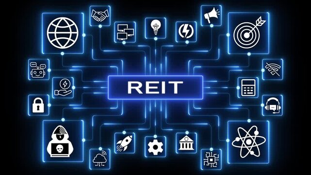 Glowing REIT Real estate investment fund ETF Financial stock market. Business, technology, internet and networking concept.4K black background visuals.4k Animation.