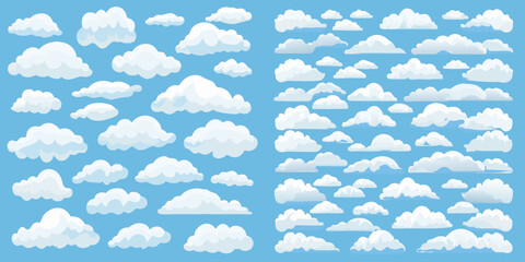 Collection of white cartoon clouds vector illustration with a blue sky background high quality professional © PabanBiswas