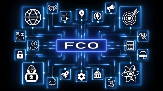 FCO Module Concept Digital Network Dashboard with Futuristic Neon Blue Tech Icons and Enterprise HUD Interface.4k Animation.