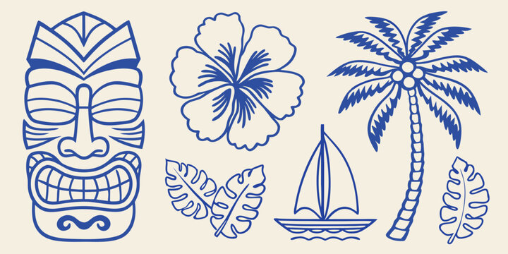 Polynesian tiki mask and tropical elements blue line art illustration on beige background high quality