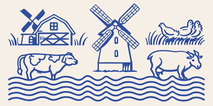 Vintage style illustration of a dutch windmill barn cows chickens and wavy water high quality
