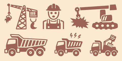 Construction equipment and worker icons flat vector illustration on a beige background high quality professional © PabanBiswas