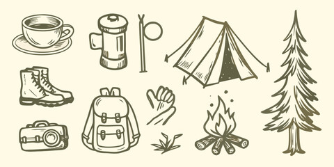 hand drawn camping equipment set including tent backpack and coffee cup illustration high quality professional © PabanBiswas