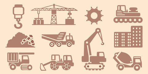 Construction equipment and building icons flat vector illustration on a beige background high quality professional © PabanBiswas