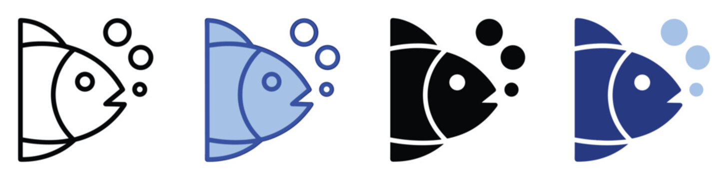 Swimming fish icon blowing underwater bubbles in a versatile collection of outline and solid graphic styles for diverse applications