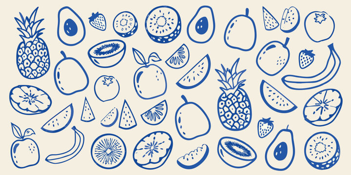 Collection of hand drawn fruits including pineapple avocado strawberry and kiwi on a beige background