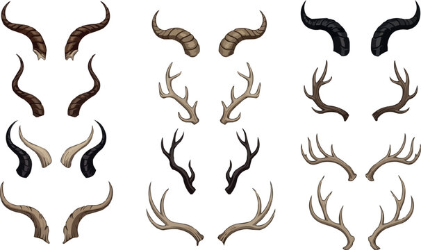 Fantasy Horn and Deer Antler Collection with Mythical Animal Elements for Halloween, Game, and Gothic Design Projects