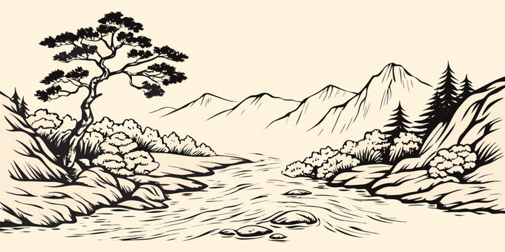East asian inspired landscape drawing with mountains river and pine tree on beige background