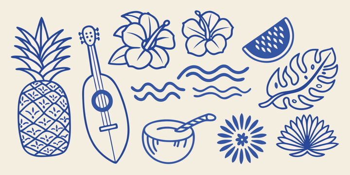 Tropical summer illustration with pineapple ukulele hibiscus flowers and watermelon slice high quality professional detailed