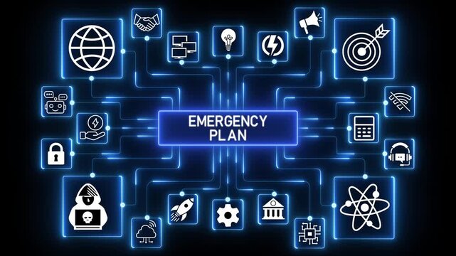 Animation of the words EMERGENCY PLAN. Animated illustrations showcase innovative tech and business strategies for emergency planning across various.4k Animation.