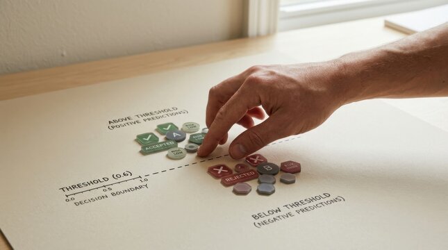 Individual's hand delicately placing a stone as a metaphor for ai decision thresholding and strategic choices in action