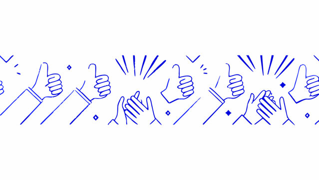 blue line drawing of hands giving thumbs up and clapping