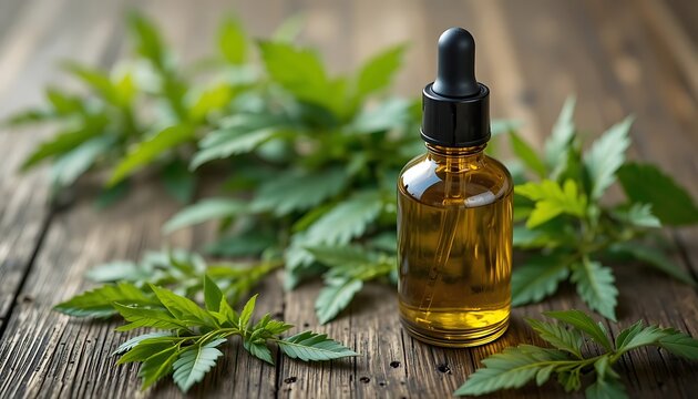 Amber glass dropper bottle with organic herbal neem oilessential oil placed on a dark rustic wooden table. 