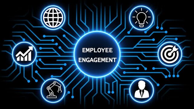 employee engagement concept with circuit lines and digital symbols hovering above a businessman, technology. manufacturing process management all connected in a digital circle like pattern.