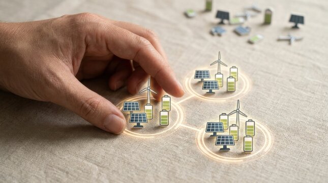 Person's hand gently touching a solar panel showcasing microgrid localization and renewable energy technology