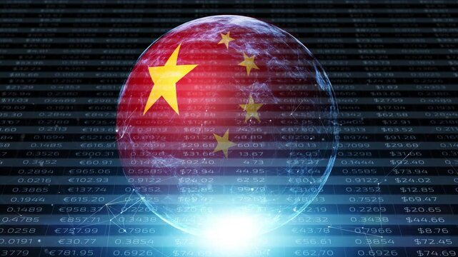 Digital China flag sphere rotation on a table of currency data background.