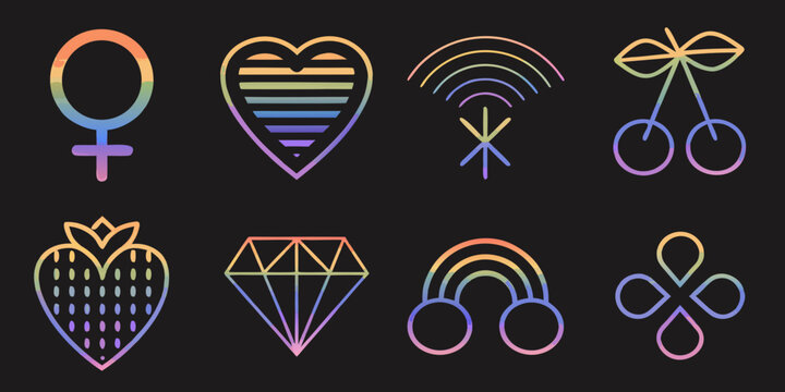 queer pride symbols colorful line icons on black background