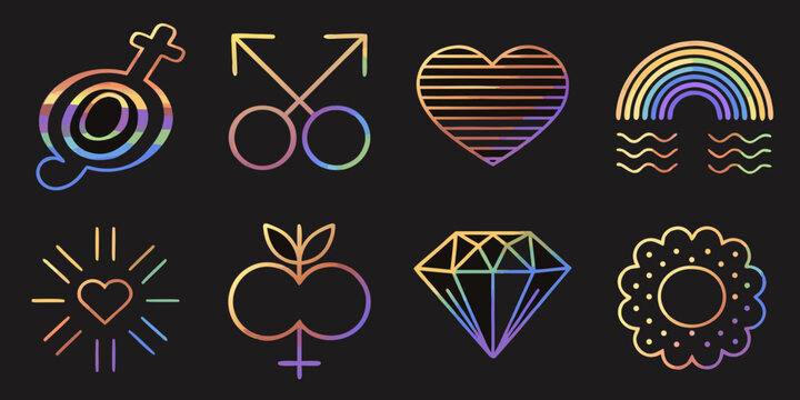 queer pride symbols collection vibrant gradient line icons on black