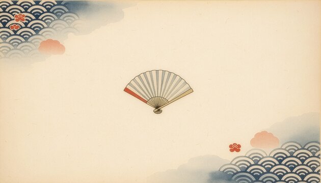 Minimalist Japanese background with a folding fan and traditional wave patterns