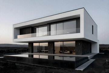 Fototapeta premium Architectural visualization of a modern villa utilizing black volcanic stone and white self-healing concrete