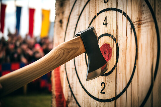 Closeup of an axe stuck in a wooden target during an outdoor axethrowing competition event