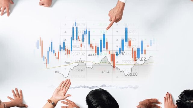 A diverse group of business professionals analyzing financial charts and graphs on a table, discussing market trends and investment strategies with engagement and collaboration. Raster