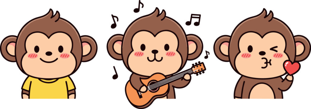 Cute monkey character set with music guitar and love expressions in kawaii cartoon style isolated vector illustration