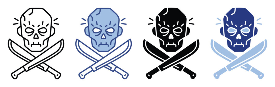 Spooky zombie skull head with crossed machetes scary horror icon set for Halloween designs